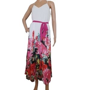 BISOU BISOU Feminine White V-neck Flowy Floral Maxi Dress with Pink Belt Size 4